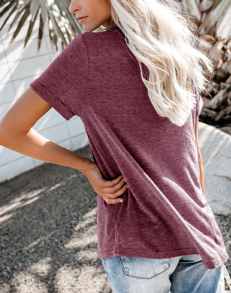 Bingerlily Women's Roll Up Short Sleeve T Shirts Summer Crew Neck Tops Loose Causal Tees with Pocket Wine Red - Image 3